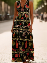 Rota Boho Tropical Print Plunge V-Neck Maxi Dress ??Sleeveless Vacation Style